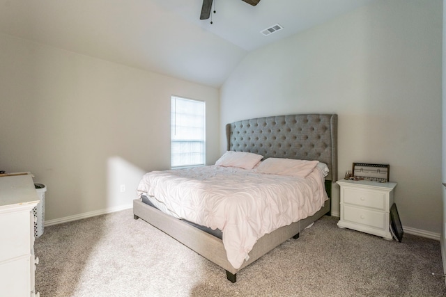 bedroom featuring lofted ceiling, visible vents, light carpet, a ceiling fan, and baseboards