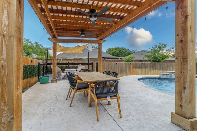 view of patio featuring a fenced backyard, a pergola, a fenced in pool, a ceiling fan, and outdoor dining area