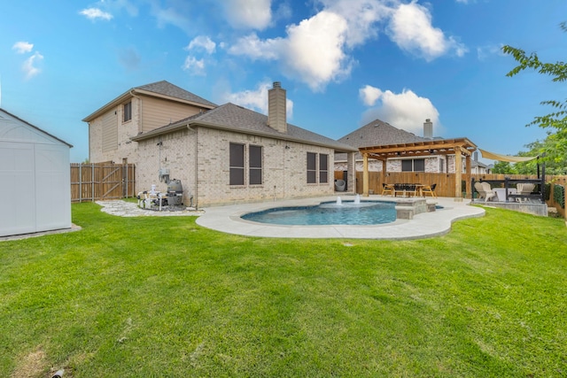 back of property featuring a fenced backyard, a patio area, a chimney, and a lawn