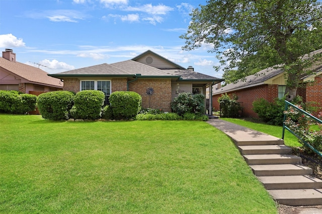 7340 Blackthorn Dr, Fort Worth, TX 76137 - view of front of house with brick siding, a shingled roof, and a chimney
