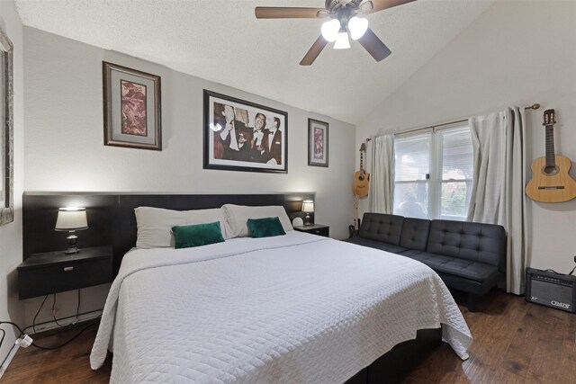 7340 Blackthorn Dr, Fort Worth, TX 76137 - bedroom featuring wood finished floors, a ceiling fan, high vaulted ceiling, and a textured ceiling