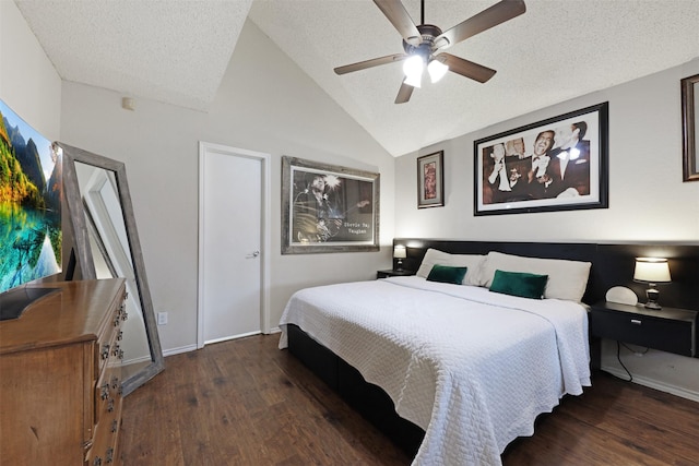 7340 Blackthorn Dr, Fort Worth, TX 76137 - bedroom featuring wood finished floors, a textured ceiling, vaulted ceiling, baseboards, and ceiling fan