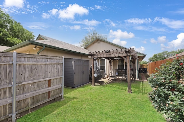7340 Blackthorn Dr, Fort Worth, TX 76137 - rear view of house featuring a pergola, a storage shed, a shingled roof, and an outdoor structure