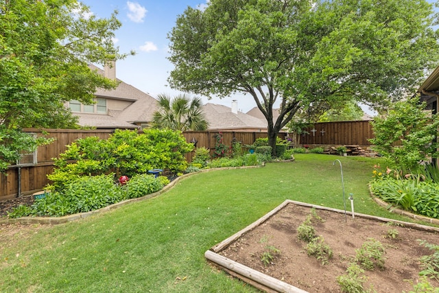 view of yard featuring a fenced backyard and a vegetable garden