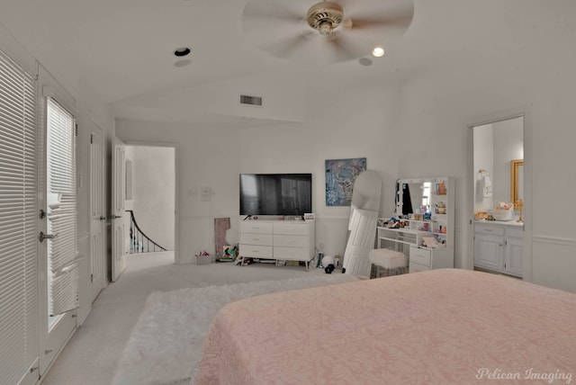 5705 Shoreline Dr, Shreveport, LA 71119 - bedroom with carpet floors, ensuite bathroom, visible vents, ceiling fan, and lofted ceiling