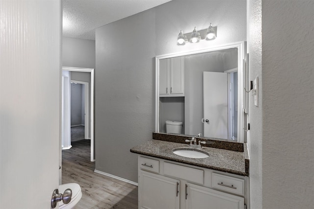 bathroom featuring toilet, wood finished floors, vanity, a textured ceiling, and a textured wall