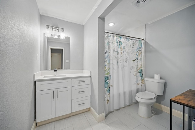 11519 Desdemona Dr, Dallas, TX 75228 - bathroom with toilet, baseboards, vanity, ornamental molding, and shower / bath combination with curtain