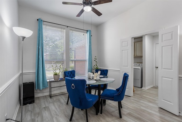 3811 Maywood Dr, Carrollton, TX 75007 - dining area with washer / clothes dryer, healthy amount of natural light, a ceiling fan, and light wood-style flooring