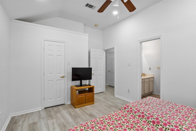 3811 Maywood Dr, Carrollton, TX 75007 - bedroom with light wood finished floors, lofted ceiling, baseboards, ensuite bathroom, and ceiling fan
