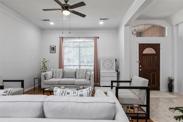 3811 Maywood Dr, Carrollton, TX 75007 - living area featuring a ceiling fan, ornamental molding, baseboards, and recessed lighting