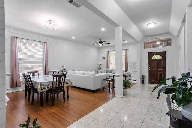 3811 Maywood Dr, Carrollton, TX 75007 - dining room featuring a ceiling fan, light tile patterned floors, crown molding, and recessed lighting