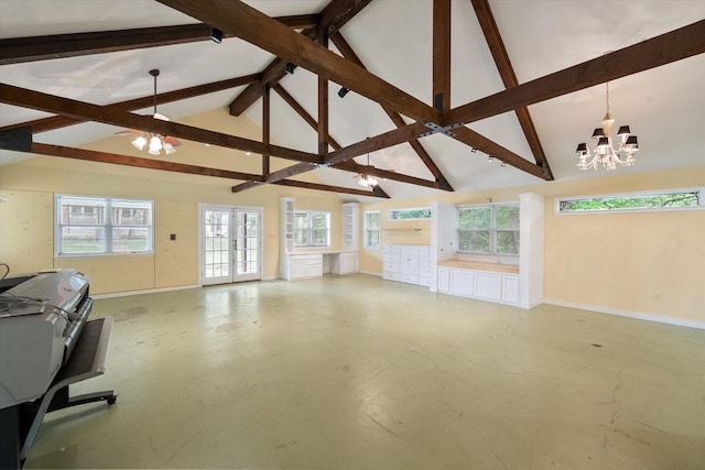 unfurnished living room featuring french doors, high vaulted ceiling, a chandelier, beamed ceiling, and baseboards