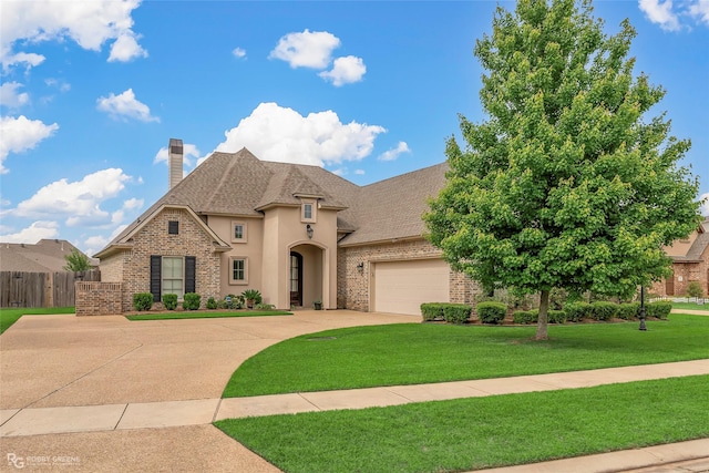 french country style house featuring stucco siding, a chimney, fence, concrete driveway, and brick siding