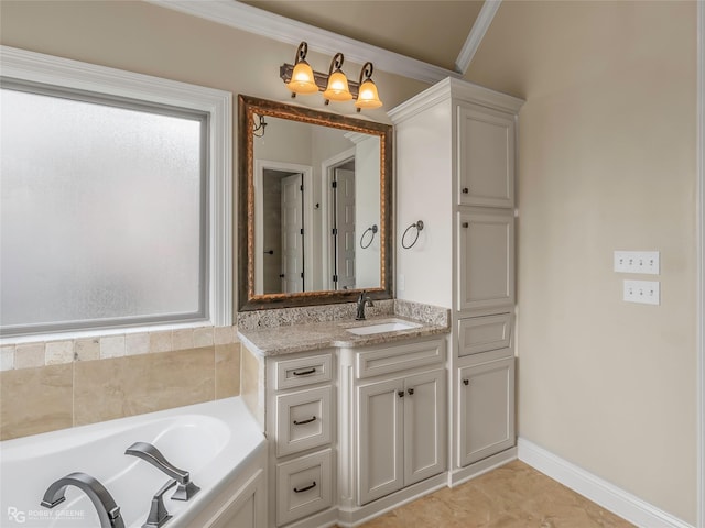 full bathroom featuring ornamental molding, vanity, and a bath