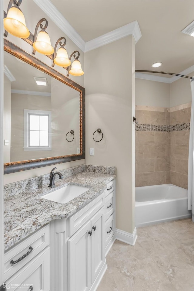 full bathroom with baseboards, ornamental molding, tile patterned flooring, vanity, and shower / bath combo