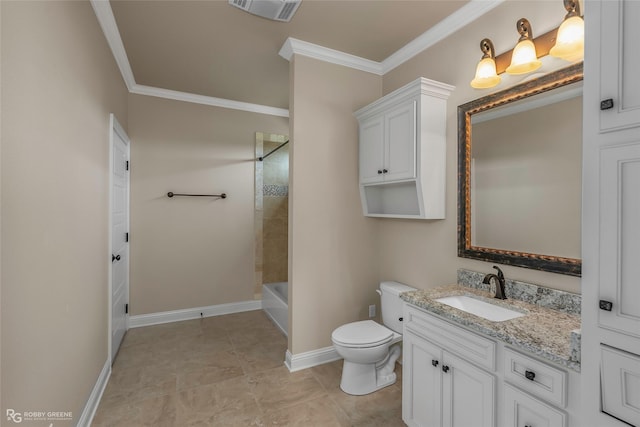 full bath featuring crown molding, toilet, visible vents, and vanity