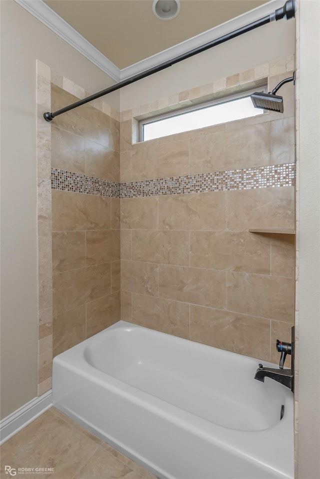 bathroom featuring tile patterned floors, shower / bathing tub combination, and ornamental molding