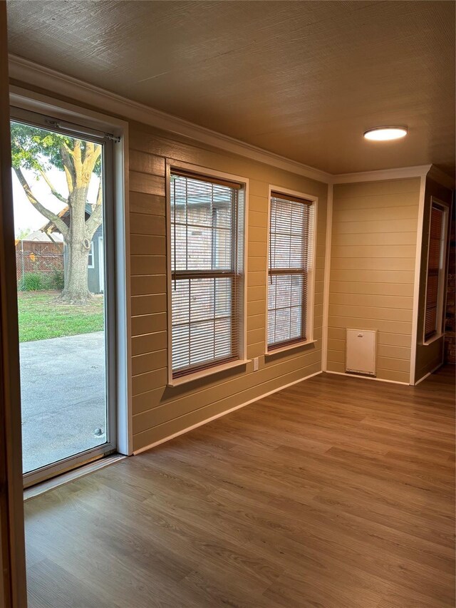 doorway featuring ornamental molding, plenty of natural light, and wood finished floors