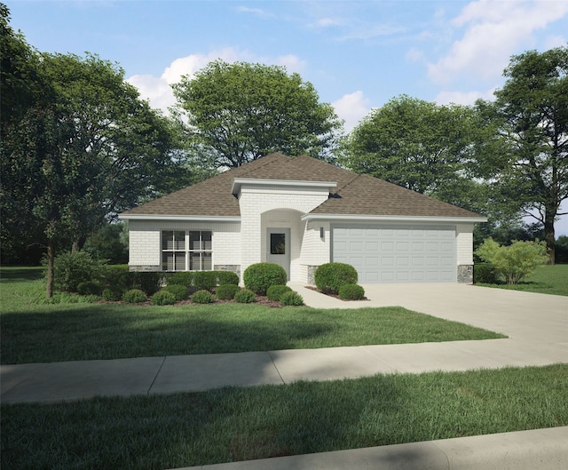 single story home featuring concrete driveway, a shingled roof, an attached garage, and a front lawn