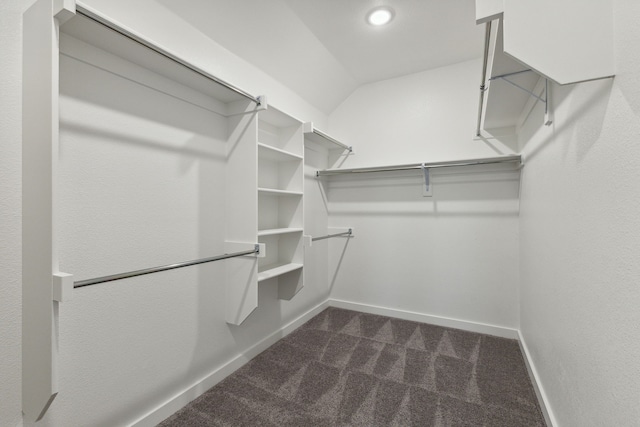 walk in closet featuring dark colored carpet