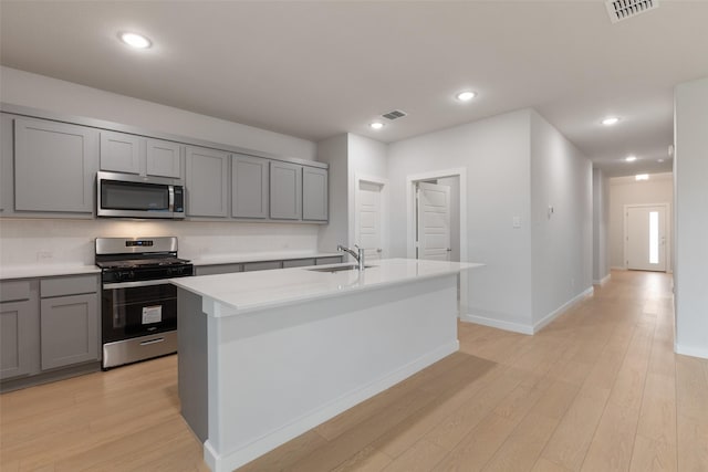 kitchen with visible vents, a sink, light wood-style floors, stainless steel appliances, and gray cabinets