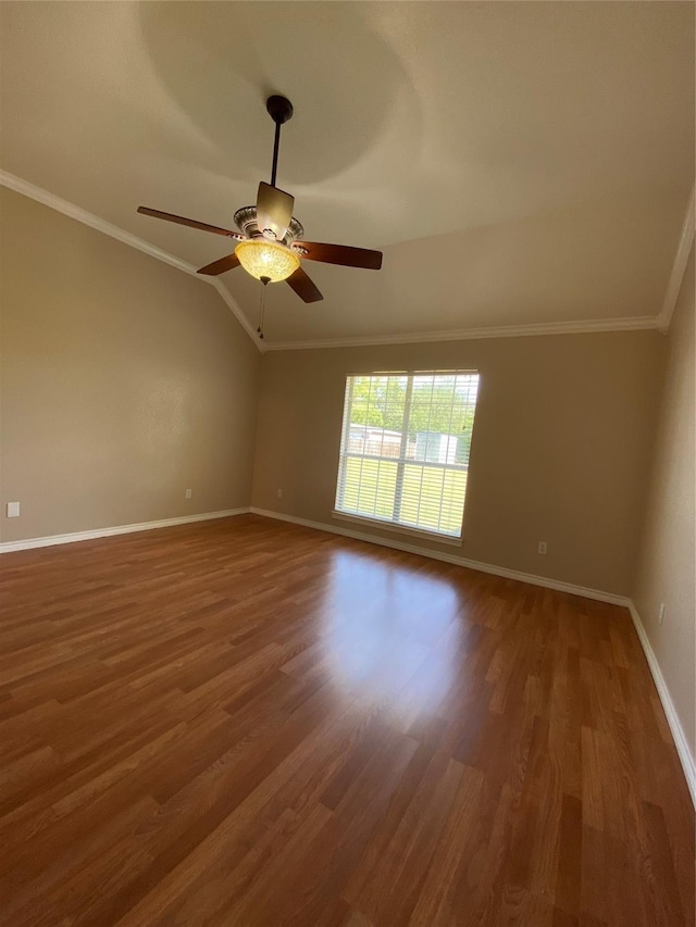 615 Parker Ln, Granbury, TX 76048 - unfurnished room with wood finished floors, a ceiling fan, baseboards, lofted ceiling, and ornamental molding