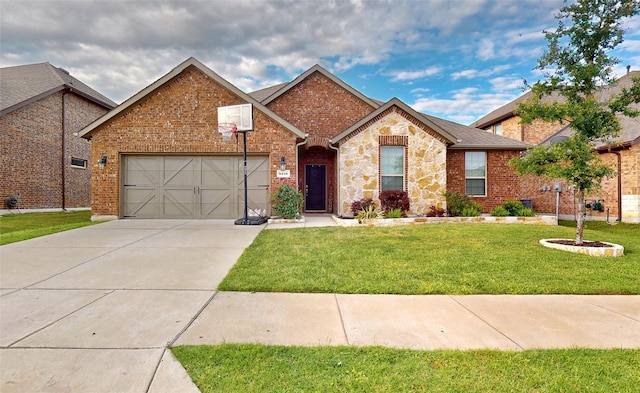 6216 Brunswick Dr, Celina, TX 76227 - view of front of property featuring stone siding, a garage, a front lawn, brick siding, and driveway
