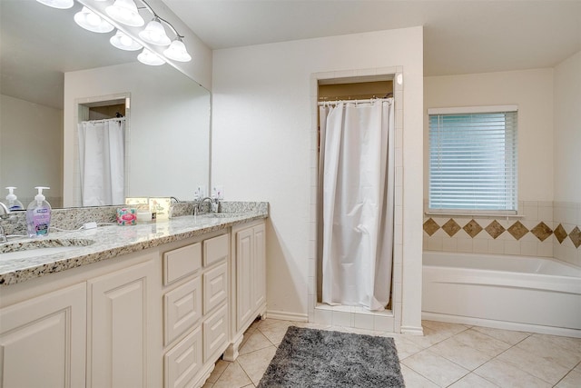 bathroom with tile patterned floors, vanity, and a shower with shower curtain