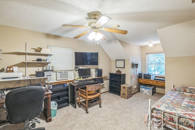 906 County Road 2770, Honey Grove, TX 75446 - carpeted home office with cooling unit, a textured ceiling, and a ceiling fan