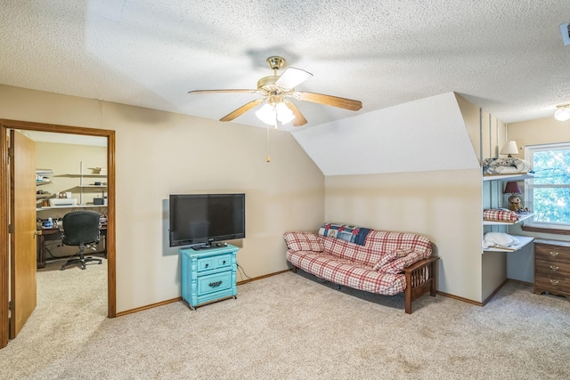 906 County Road 2770, Honey Grove, TX 75446 - living area featuring baseboards, carpet flooring, ceiling fan, and a textured ceiling