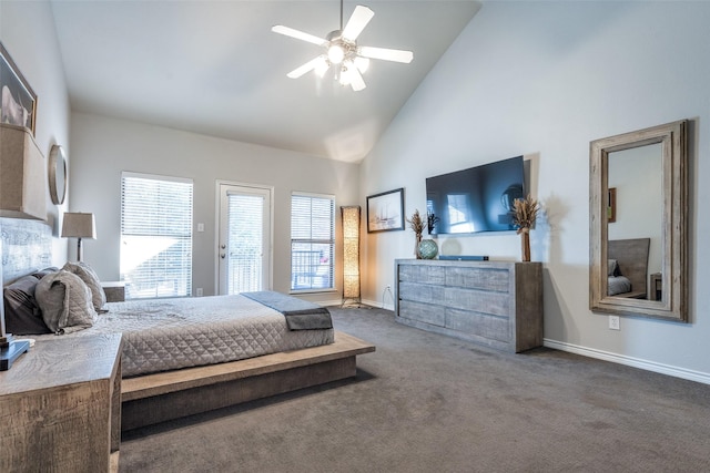 6844 Massa Ln, Frisco, TX 75034 - carpeted bedroom featuring baseboards, high vaulted ceiling, and a ceiling fan