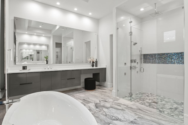 3650 Balfour Ct, Frisco, TX 75034 - bathroom with a stall shower, recessed lighting, a soaking tub, vanity, and marble finish floors