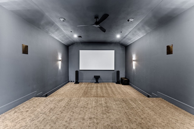 3650 Balfour Ct, Frisco, TX 75034 - carpeted cinema featuring a ceiling fan, vaulted ceiling, recessed lighting, and baseboards