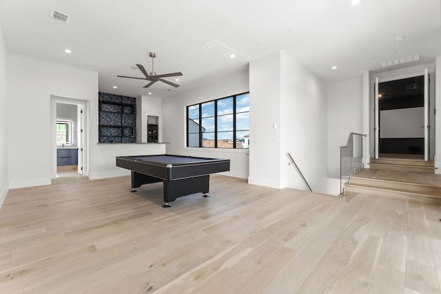 3650 Balfour Ct, Frisco, TX 75034 - recreation room with light wood-style flooring, pool table, ceiling fan, recessed lighting, and baseboards