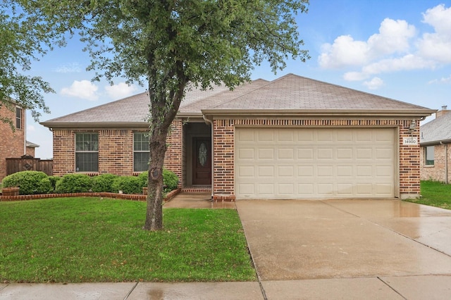ranch-style house featuring brick siding, driveway, and a front yard