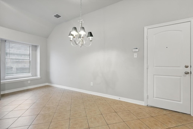 unfurnished dining area with light tile patterned flooring, an inviting chandelier, visible vents, and lofted ceiling