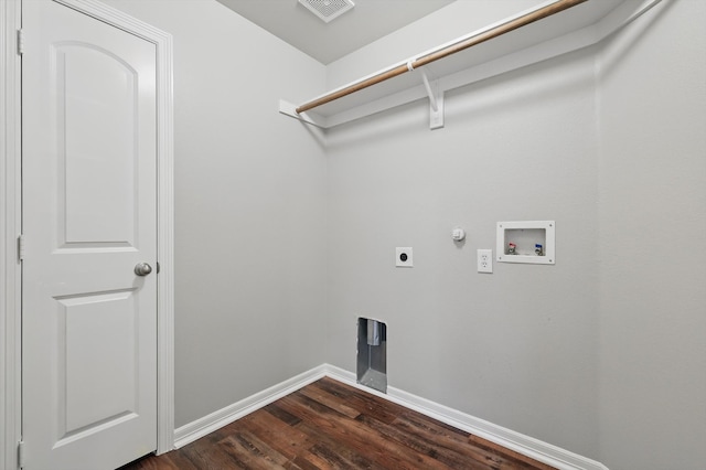 laundry area featuring laundry area, hookup for an electric dryer, visible vents, dark wood finished floors, and hookup for a washing machine