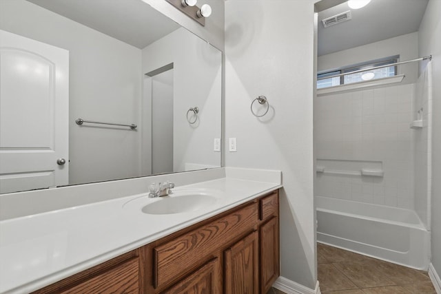 bathroom featuring shower / washtub combination, tile patterned floors, visible vents, baseboards, and vanity