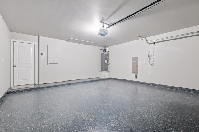 garage featuring electric panel, electric water heater, baseboards, and a garage door opener