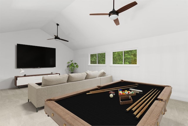 playroom with a ceiling fan, light colored carpet, lofted ceiling, billiards, and baseboards