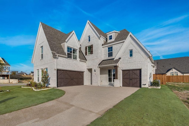 view of front of house with a garage, fence, concrete driveway, a front lawn, and brick siding