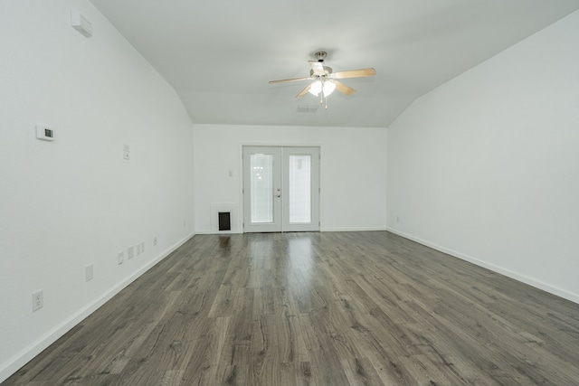 108 Freedom Trl, Forney, TX 75126 - unfurnished living room with french doors, baseboards, dark wood finished floors, ceiling fan, and vaulted ceiling