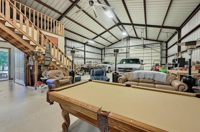 650 Scoggins Rd, Tioga, TX 76271 - recreation room featuring finished concrete floors, a garage, billiards table, and vaulted ceiling