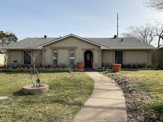 1608 University Dr, Richardson, TX 75081 - ranch-style home with stucco siding, a shingled roof, and a front yard