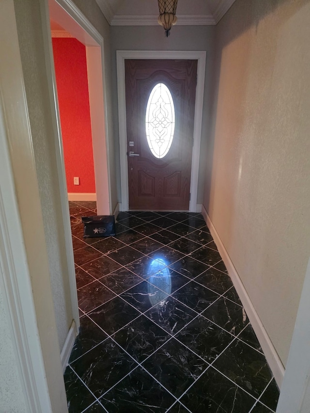 1608 University Dr, Richardson, TX 75081 - entrance foyer with marble look tiles, baseboards, and crown molding