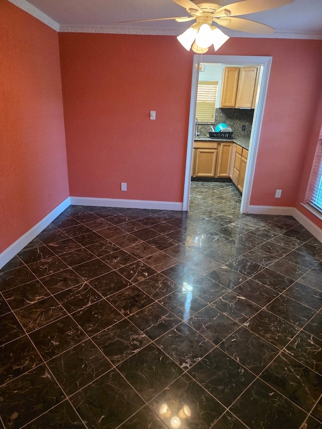 1608 University Dr, Richardson, TX 75081 - kitchen with light brown cabinetry, baseboards, crown molding, ceiling fan, and backsplash