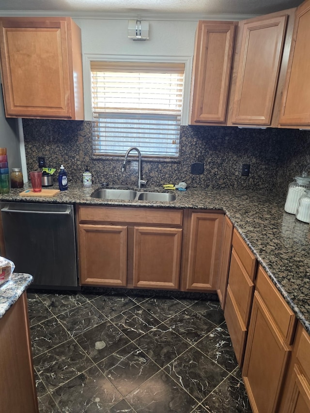 1608 University Dr, Richardson, TX 75081 - kitchen featuring dishwashing machine, a sink, dark marble finish floors, backsplash, and dark stone countertops