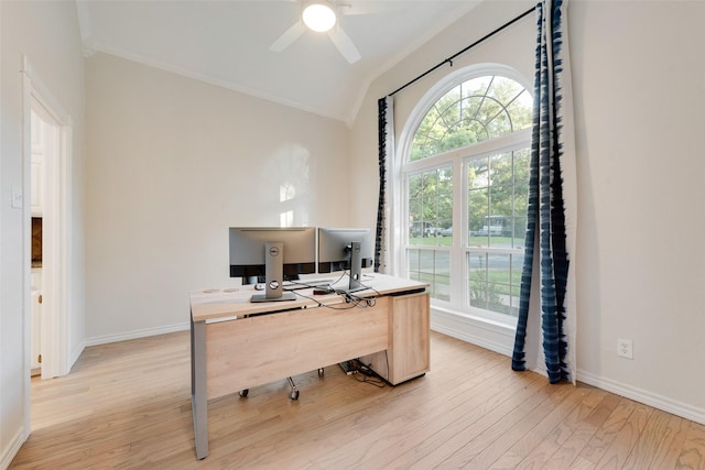 office area with lofted ceiling, ornamental molding, ceiling fan, and plenty of natural light