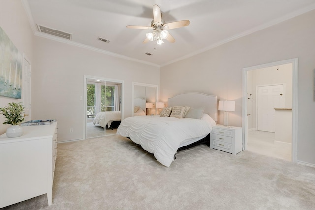bedroom featuring light colored carpet, visible vents, and ornamental molding