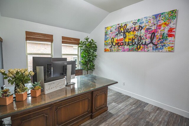 1025 N Churchill Dr, Fate, TX 75189 - office area featuring vaulted ceiling, dark wood-type flooring, and baseboards
